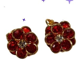 Vintage red clear goldtoned flower Avon clip on earrings